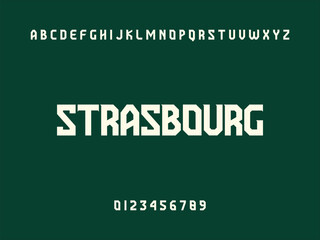 Modern Typography Displaying STRASBOURG City Name, Alphabet, and Numbers on Dark Green Background, Graphic Design Element