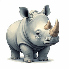 Fototapeta premium A gray rhino with a horn, cute watercolor illustration on white.