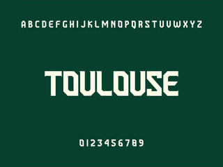 Modern Typography Displaying TOULOUSE City Name, Alphabet, and Numbers on Dark Green Background, Graphic Design Element