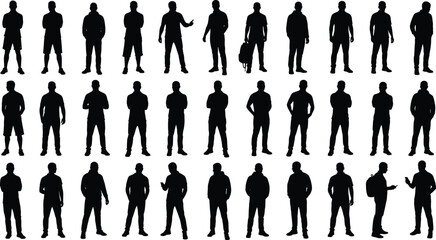 Silhouette collection of men in casual standing poses, male figures in black isolated on white background for graphic design and illustration use