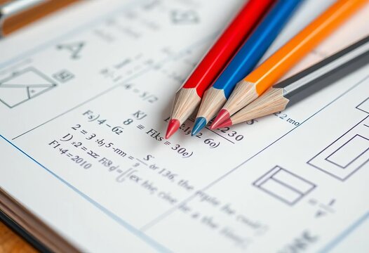 Close-up of pencils on notebook with math formulas,  symbols,  education concept