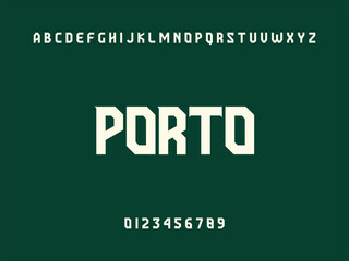 Modern Typography Displaying PORTO City Name, Alphabet, and Numbers on Dark Green Background, Graphic Design Element