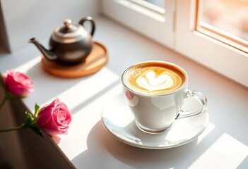 Fototapeta premium Creamy cappuccino in a cup, morning light on white table, coffee, table