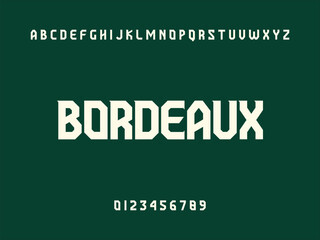 Modern Typography Displaying BORDEAUX City Name, Alphabet, and Numbers on Dark Green Background, Graphic Design Element