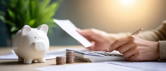The Piggy Bank and Hands Calculating Finances with Coins Documents and Calculator