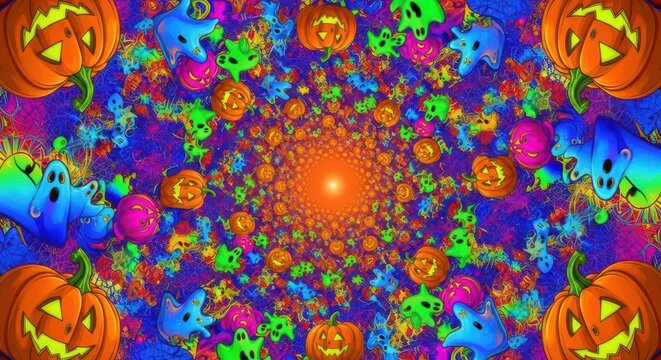 Psychedelic Halloween Extravaganza A Whimsical Kaleidoscope of Ghosts and Pumpkins in a Spiral