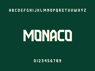 Modern Typography Displaying MONACO City Name, Alphabet, and Numbers on Dark Green Background, Graphic Design Element