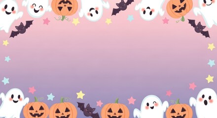 Fototapeta premium Cute Kawaii Halloween Frame with Ghosts, Pumpkins, Bats, and Pastel Stars on a Gradient Background