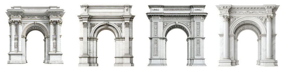 Fototapeta premium Grand archway set. Decorative white stone entrance structures on white background. Architectural elements.