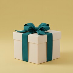 A beautifully wrapped gift box sits centered against a soft yellow background adorned with a dark teal ribbon and bow	