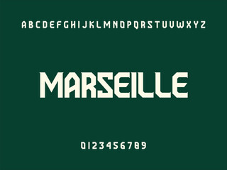Modern Typography Displaying MARSEILLE City Name, Alphabet, and Numbers on Dark Green Background, Graphic Design Element