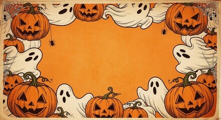 Halloween Frame Illustration Spooky Pumpkins, Ethereal Ghosts, and Cobwebs on a Pastel Orange Background