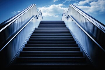Staircase leading to the sky symbolizing success and progress, upward path with dark blue tones and bright background