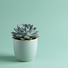 A beautiful pale blue succulent plant in a white pot sits on a soft mint green background with plenty of copy space	