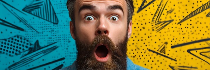 Bearded man with shocked expression in comic pop art style