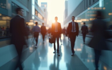abstract motion blur image of business people crowd walking at corporate office in city downtown, blurred background, business center concept, Cinematic color tone, Generative AI. High quality