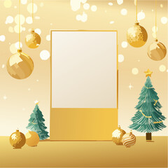 Golden christmas card with balls and lights