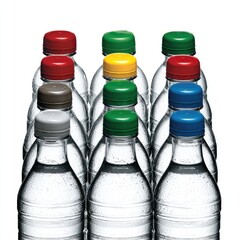 Assorted plastic water bottles with colored caps