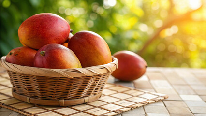 Mango in basket on white surface in natural warm sunlight background