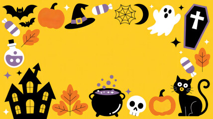 Halloween frame border with pumpkins, ghosts, bats, witches, and spooky elements, perfect for holiday parties and festive designs