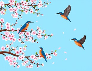 Spring birds and cherry blossoms