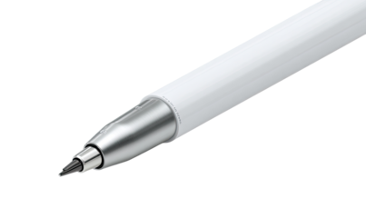 Close-up of a white pen's tip.  A white pen's tip, angled, shows a metallic nib