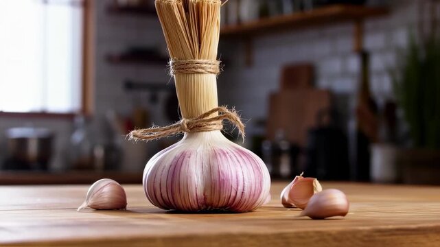 Close-up View of Organic Garlic Bulb and Cloves on Wooden Surface in Kitchen