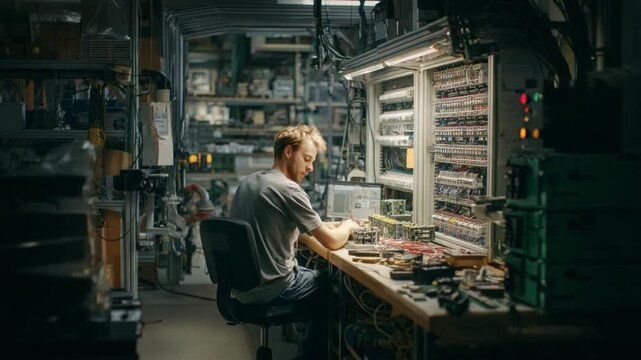 Electronic Lab Technician: A skilled technician, immersed in the world of circuits and technology, meticulously examines electronic components within a bustling laboratory setting.