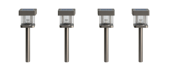Four solar-powered outdoor pathway lights.  Each light has a squared, gray top section and a tall, slender, metal post