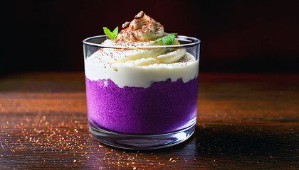 taro cake in a glass with custard topping