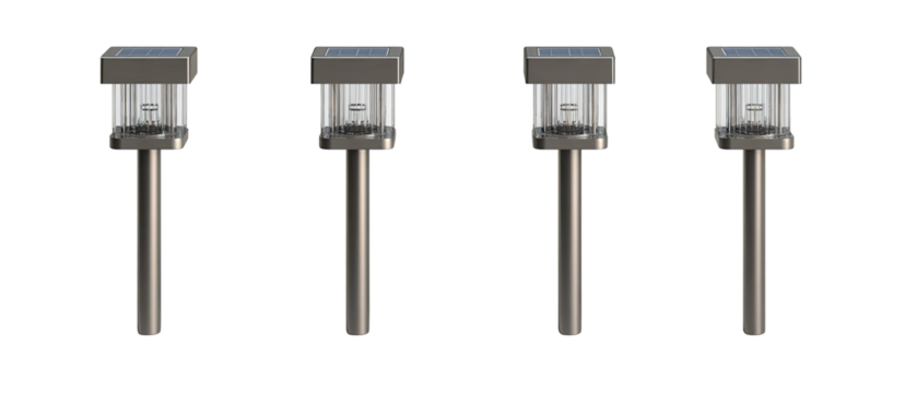 Four solar-powered outdoor pathway lights.  Each light has a squared, gray top section and a tall, slender, metal post