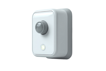Light gray square security device with a circular sensor.  Small LED light visible