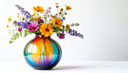 Vibrant wildflower bouquet in round multicolored glass vase—blue, green, orange, red gradient—featuring daisies, coneflowers, lavender, and mixed blossoms.