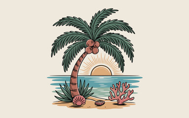 A serene tropical beach scene featuring a palm tree, seashells, and a tranquil ocean view at sunset, creating a peaceful and idyllic paradise
