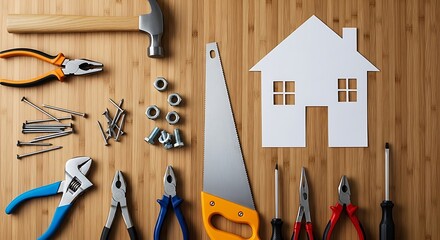A collection of construction tools arranged on a light brown wooden surface, with a paper cutout of a house in the center.