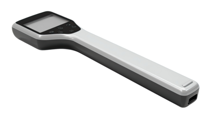 A handheld device, angled, with a rectangular display screen and multiple controls.  The device has a long, slender body, and is mostly white with dark gray accents