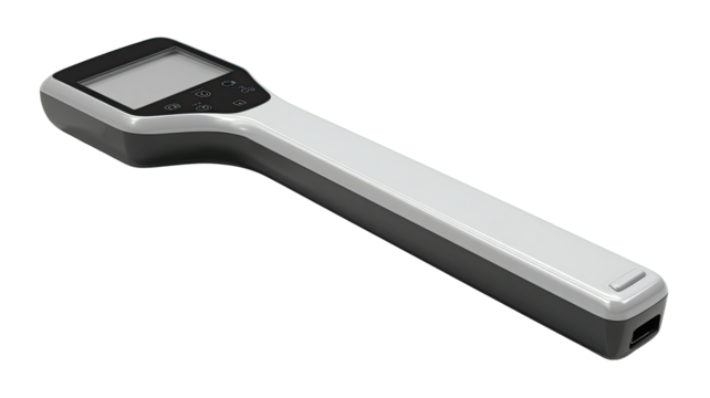 A handheld device, angled, with a rectangular display screen and multiple controls.  The device has a long, slender body, and is mostly white with dark gray accents