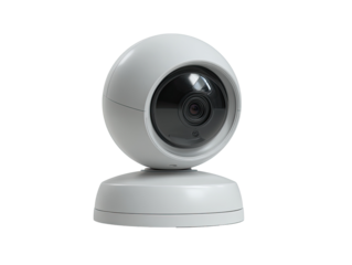 Spherical white security camera with a black lens.  Compact, round design with a base
