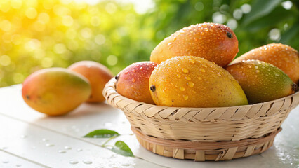 Ripe Mangoes in basket with water drop on white surface in natural warm sunlight background
