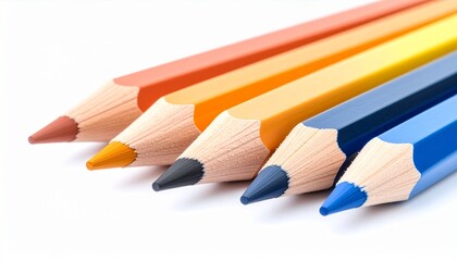Five sharpened colored pencils arranged in a row on white background, tips pointing left&mdash;reddish-brown, orange, yellow, black, light blue, and dark blue&mdash;with visible wood grain.