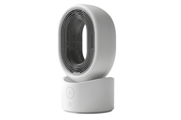 Oval-shaped, white, compact heater with a ribbed, fan design