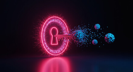 Futuristic cybersecurity concept with a glowing neon keyhole representing a digital solution against incoming viral threats