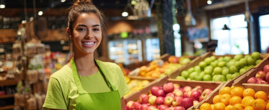 The smiling grocer standing beside a colorful fresh fruit display in market - Powered by Adobe