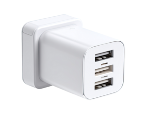 White multi-port USB charger, angled view.  Four USB ports are visible,  square shape, compact design