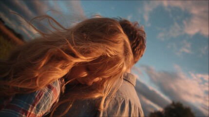 Tender moment at sunset with close-up of a young couple embracing