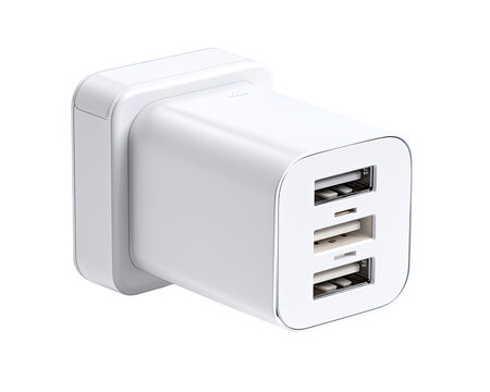White multi-port USB charger, angled view.  Four USB ports are visible,  square shape, compact design