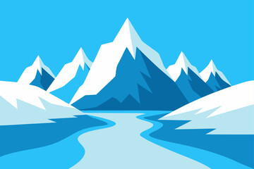 A stunning panoramic winter landscape of snowy mountains and a serene blue sky, perfect for a cold weather travel poster