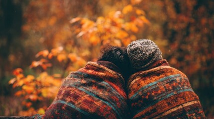 Cozy autumn couple embracing outdoors in colorful fall scenery
