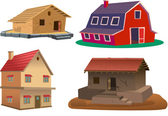 Collection of Traditional and Modern Houses – Cartoon Vector Illustration