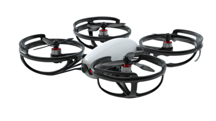 Quadcopter drone, white body, dark gray frame, rotors